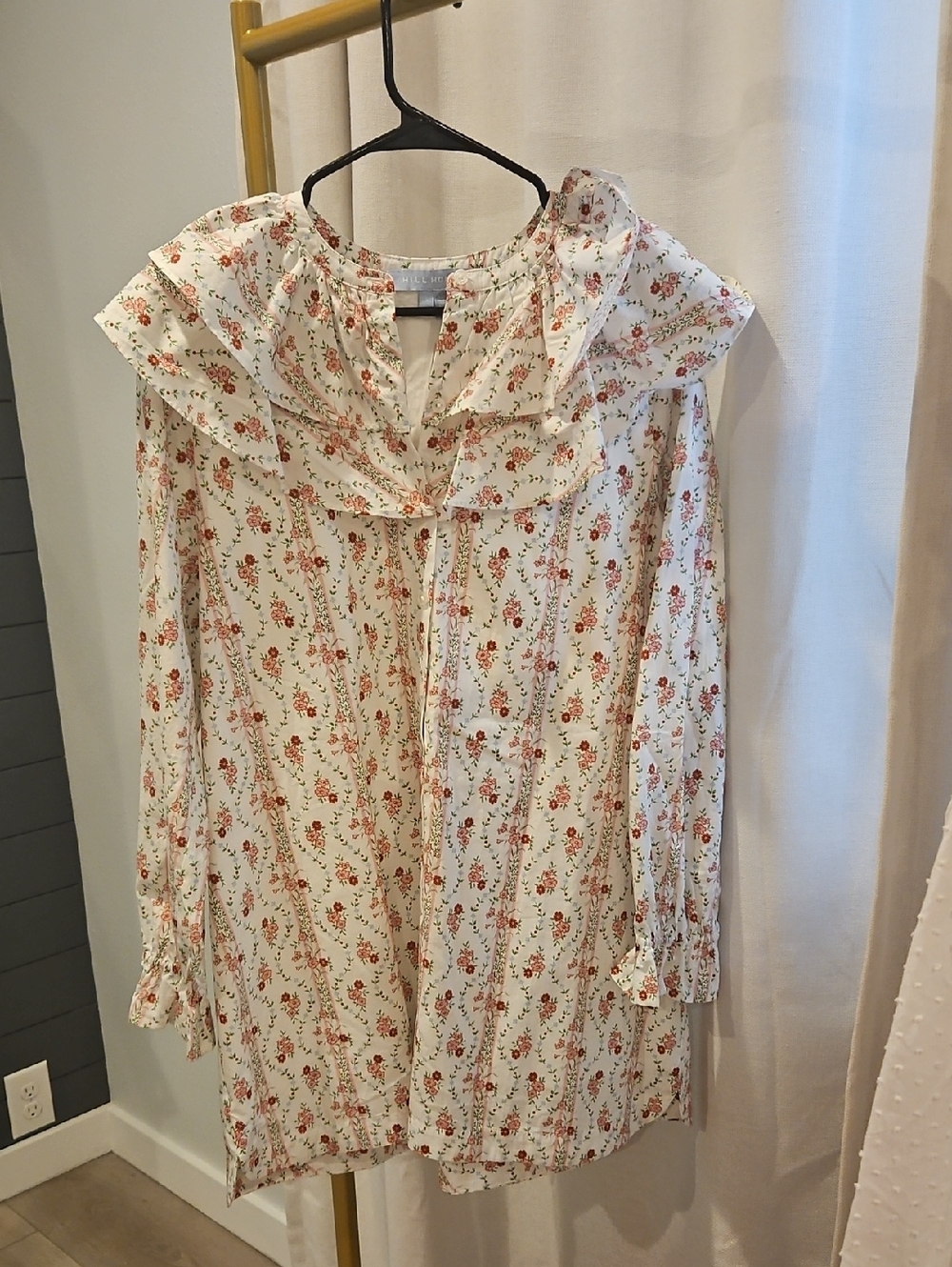 Hill House White Blouse with Pink and Red Floral Trim